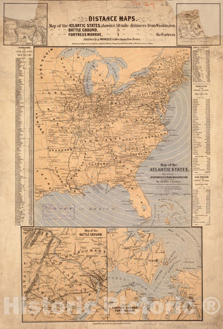 Historical Map, 1861 Map of The Atlantic States, Showing Distances from Washington (in bee line) by 50 Mile Circles, Vintage Wall Art