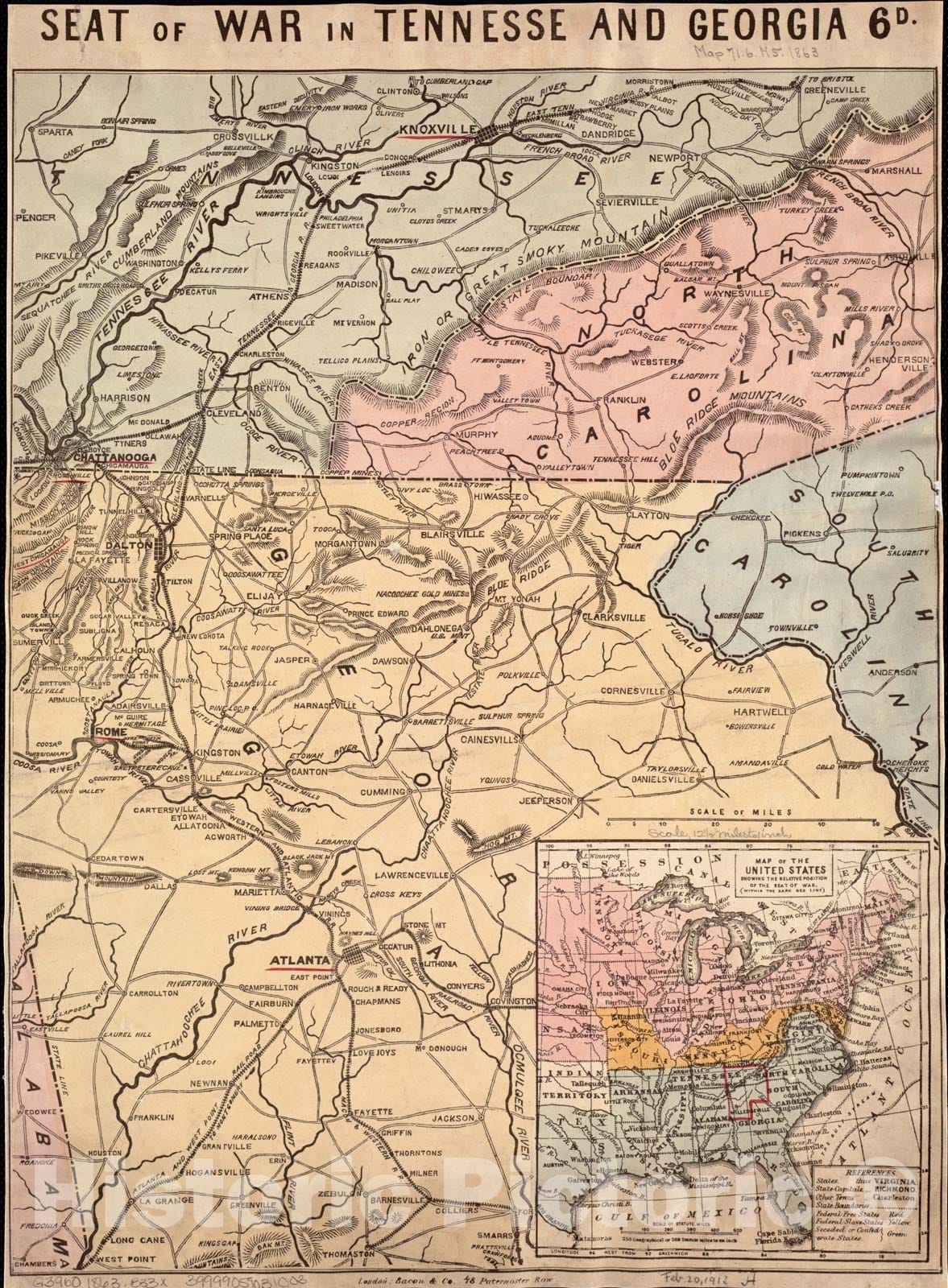 Historical Map, 1863 Seat of war in Tennesse and Georgia : 6D, Vintage Wall Art