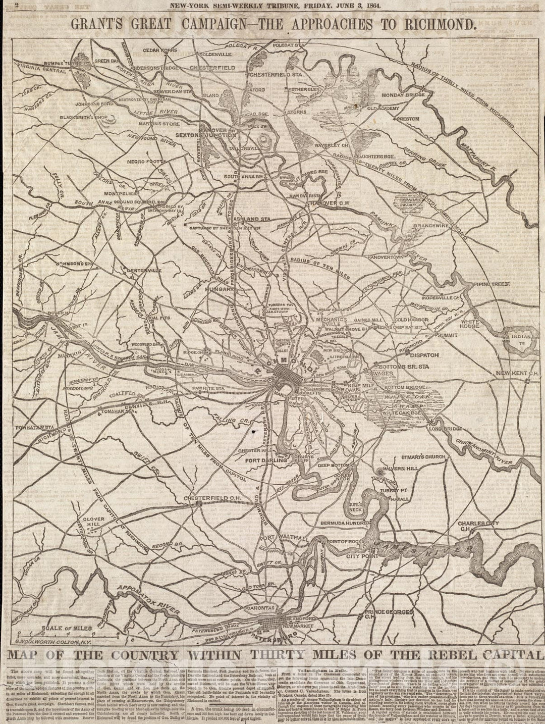 Historical Map, 1864 Map of The Country Within Thirty Miles of The Rebel Capital/G. Woolworth Colton, N.Y, Vintage Wall Art