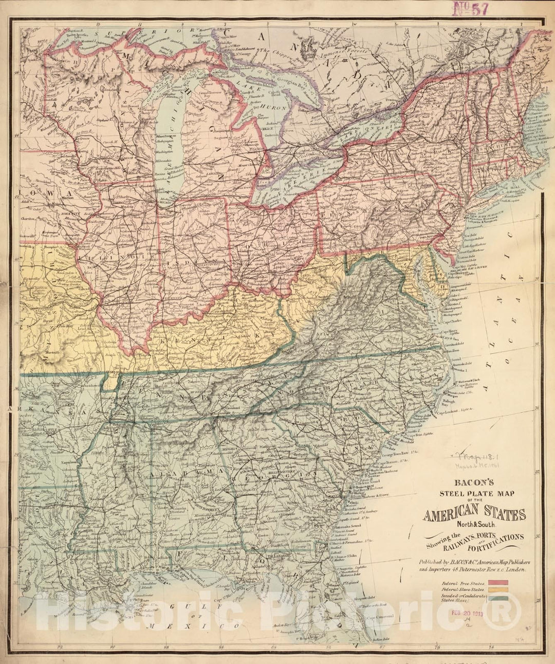 Historical Map, 1861 Bacon's Steel Plate map of The American States North & South : Showing The Railways, forts, and fortifications, Vintage Wall Art