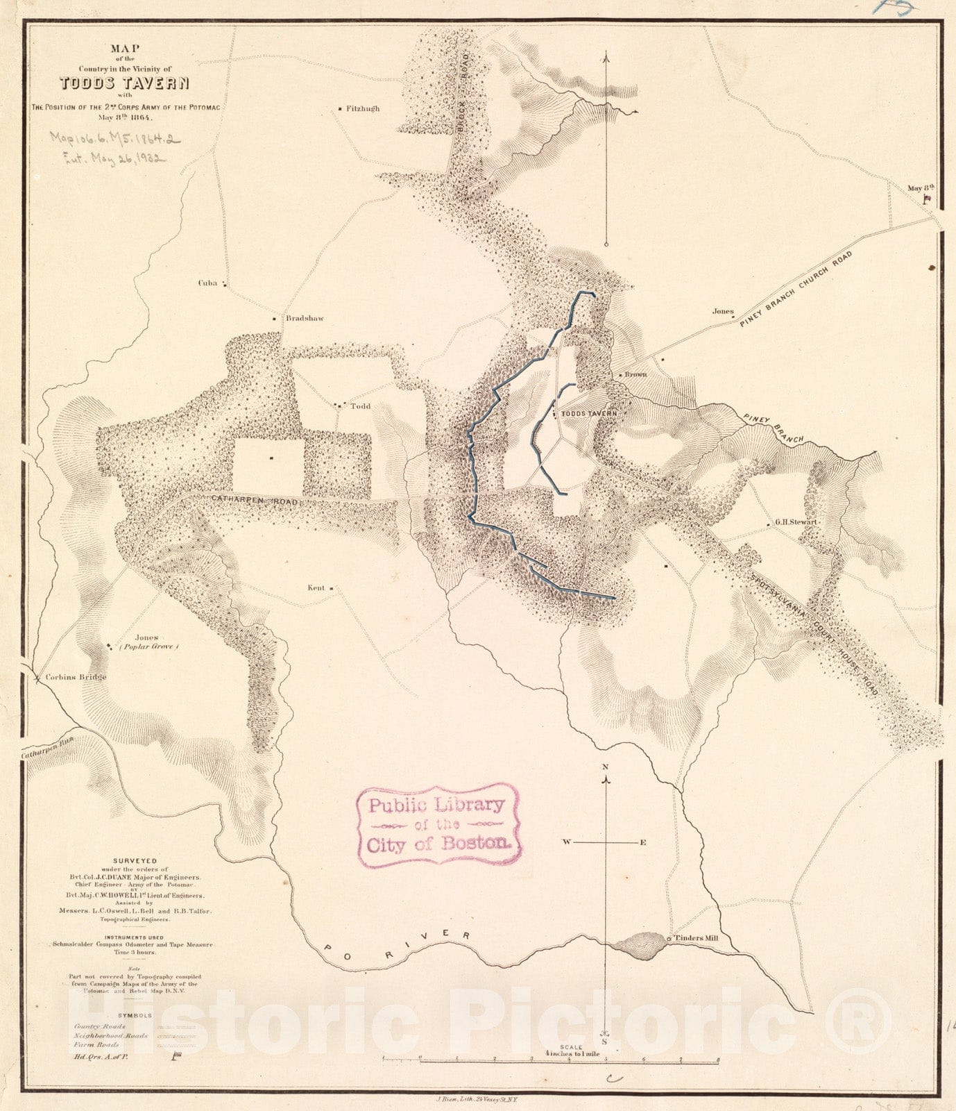 Historical Map, Map of the country in the vicinity of Todds Tavern, with the position of the 2nd Corps Army of the Potomac, May 8th, 1864, Vintage Wall Art