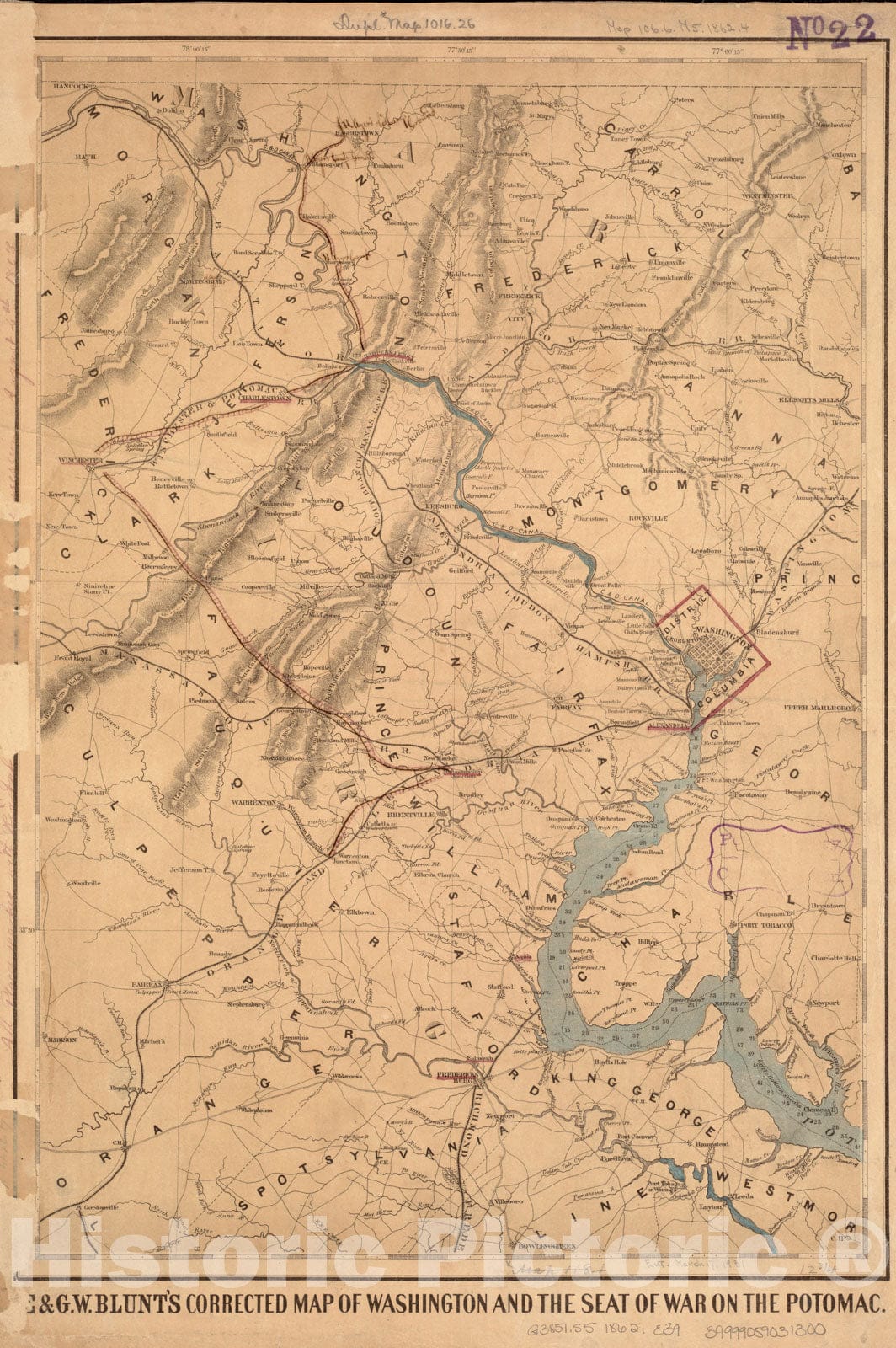 Historical Map, 1862 E. & G.W. Blunt's Corrected map of Washington and The seat of war on The Potomac, Vintage Wall Art