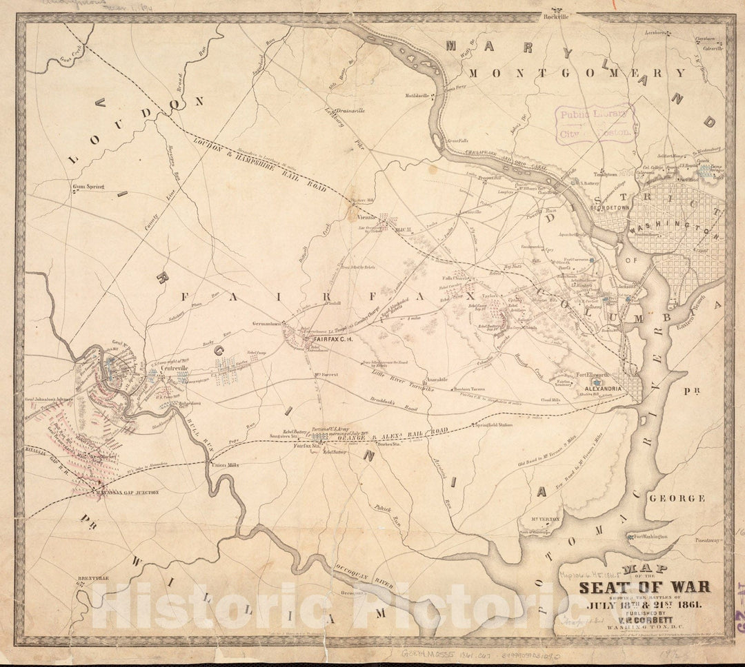 Historical Map, Map of The seat of war Showing The Battles of July 18th & 21st 1861, Vintage Wall Art