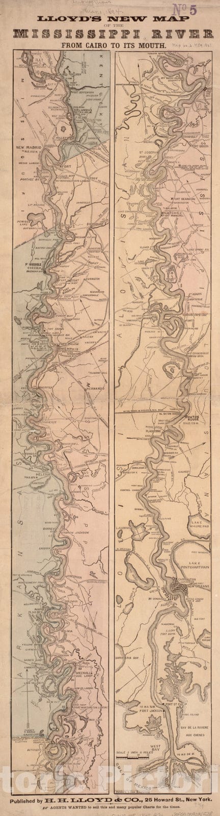 Historical Map, 1863 Lloyd's New map of The Mississippi River from Cairo to its Mouth, Vintage Wall Art