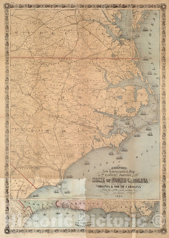 Historical Map, 1861 Colton's New Topographical map of The Eastern Portion of The State of North Carolina with pof Virginia & South Carolina from The Latest & Best Authorities Reprint