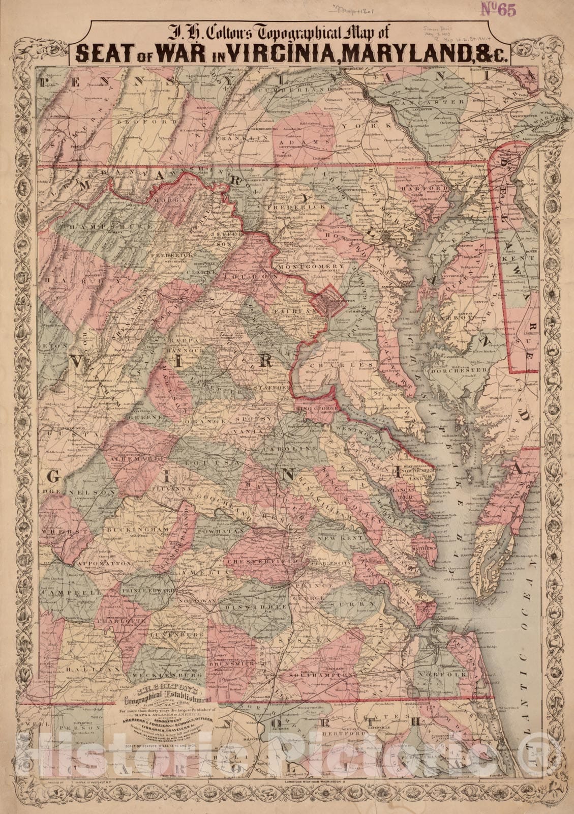 Historical Map, 1864 J.H. Colton's Topographical map of seat of war in Virginia, Maryland, et Cetera, Vintage Wall Art