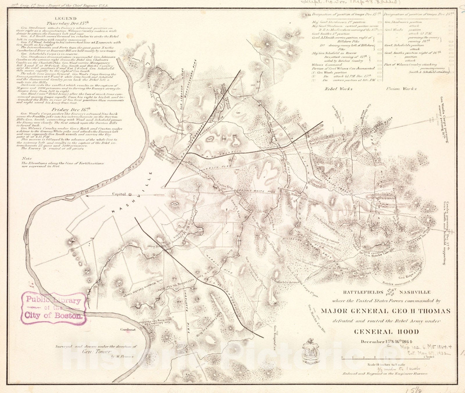 Historical Map, Battlefields in Front of Nashville Where The United States Forces commanded by Major General Geo. H. Thomas Defeated and routed The Rebel Army, Vintage Wall Art