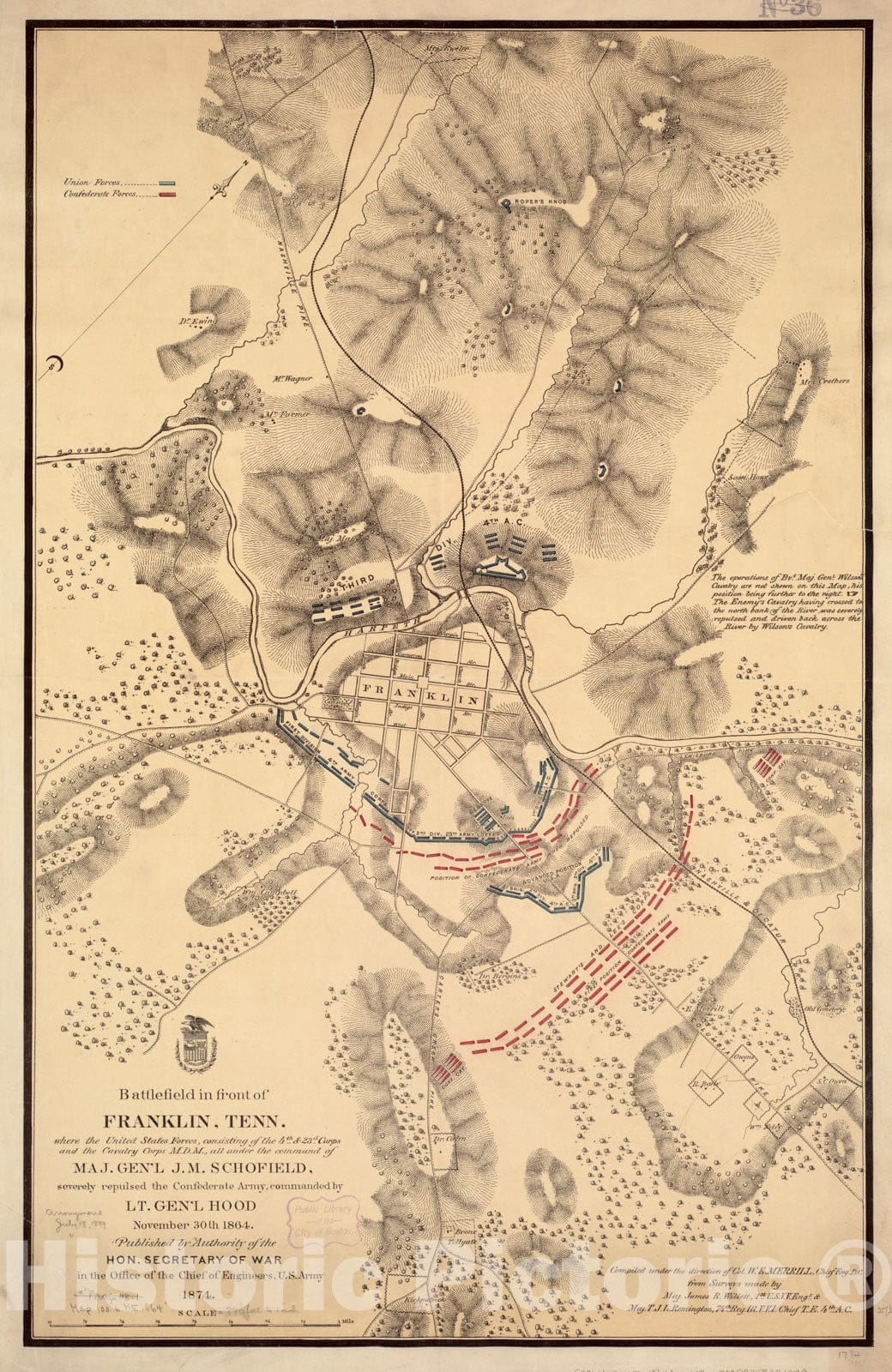 Historic Map : Battle-Field in front of Franklin, Tenn., where the United States forces, consisting of the 4th and 23d Corps and the Cavalry Corps, M. D. M., 1873 , Vintage Wall Art