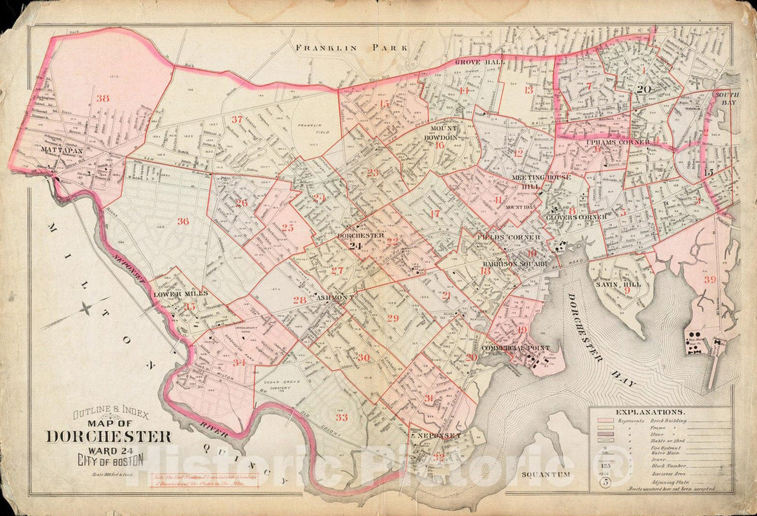 Historical Map, 1894 Outline & Index map of Dorchester, Ward 24, City of Boston, Vintage Wall Art