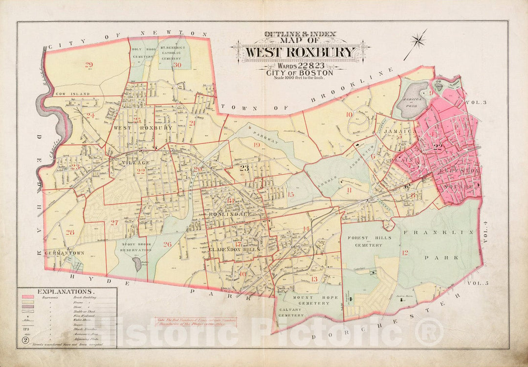 Historical Map, 1896 Outline & Index map of West Roxbury, wards 22 & 23, City of Boston, Vintage Wall Art