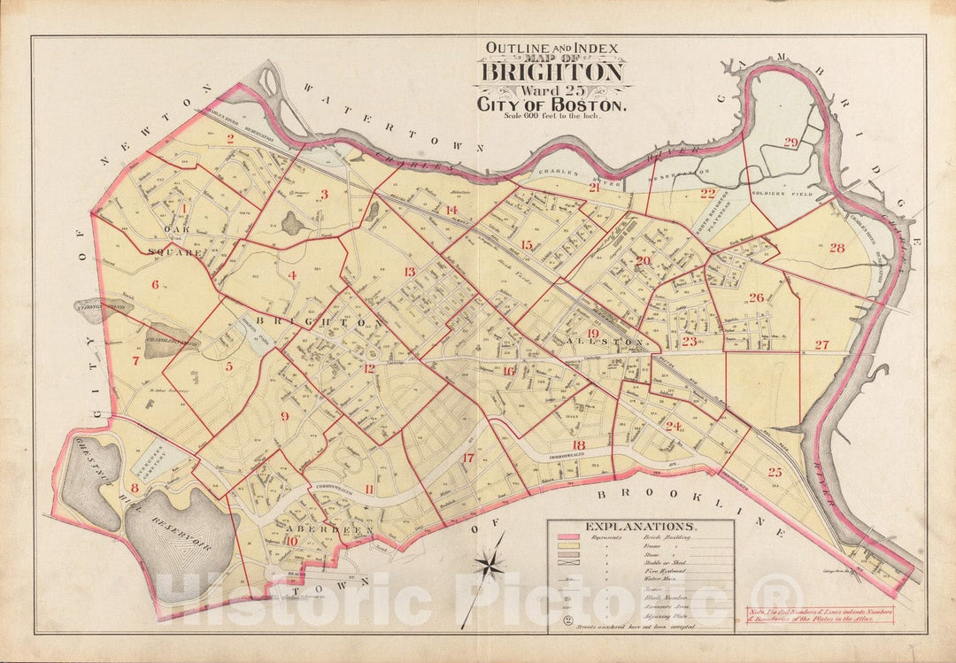 Historical Map, 1897 Outline and Index map of Brighton, Ward 25, City of Boston, Vintage Wall Art