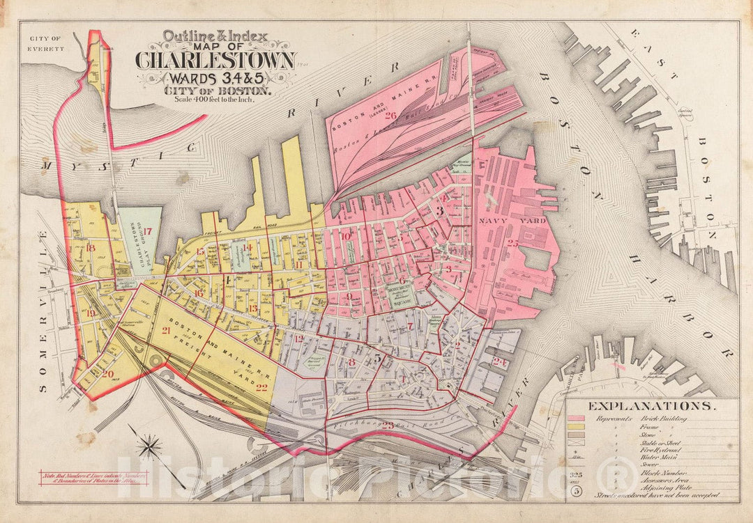 Historical Map, 1901 Outline & Index map of Charlestown, wards 3, 4 & 5, City of Boston, Vintage Wall Art