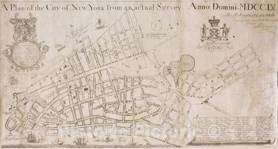 Historical Map, 1755 A Plan of The City of New York from an Actual Survey Anno Domini MDCCLV, Vintage Wall Art :