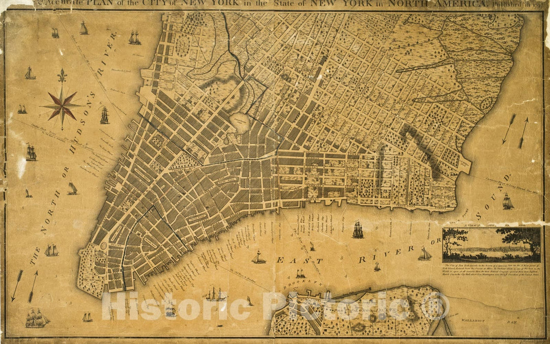 Historical Map, 1797 A New & Accurate Plan of The City of New York in The State of New York in North America, Vintage Wall Art