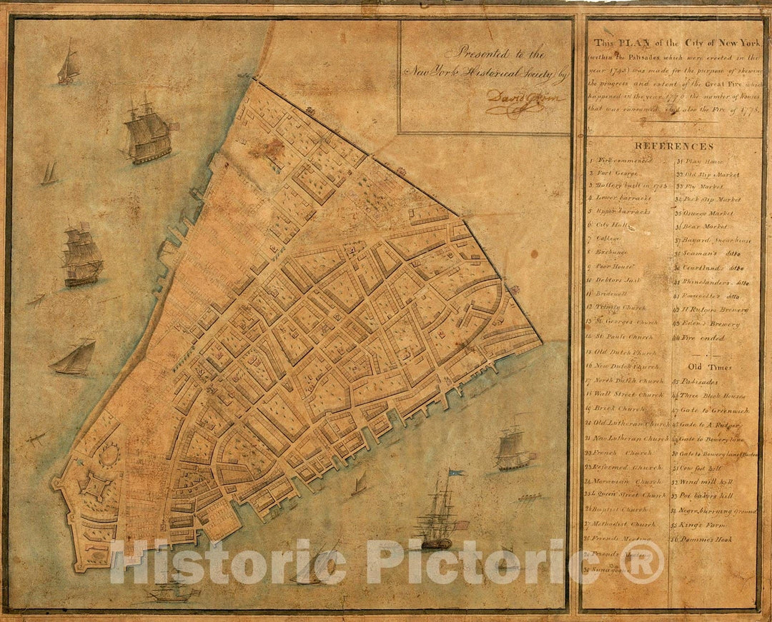 Historical Map, This Plan of The City of New York (Within The Palisades which were erected in The Year 1743), Vintage Wall Art