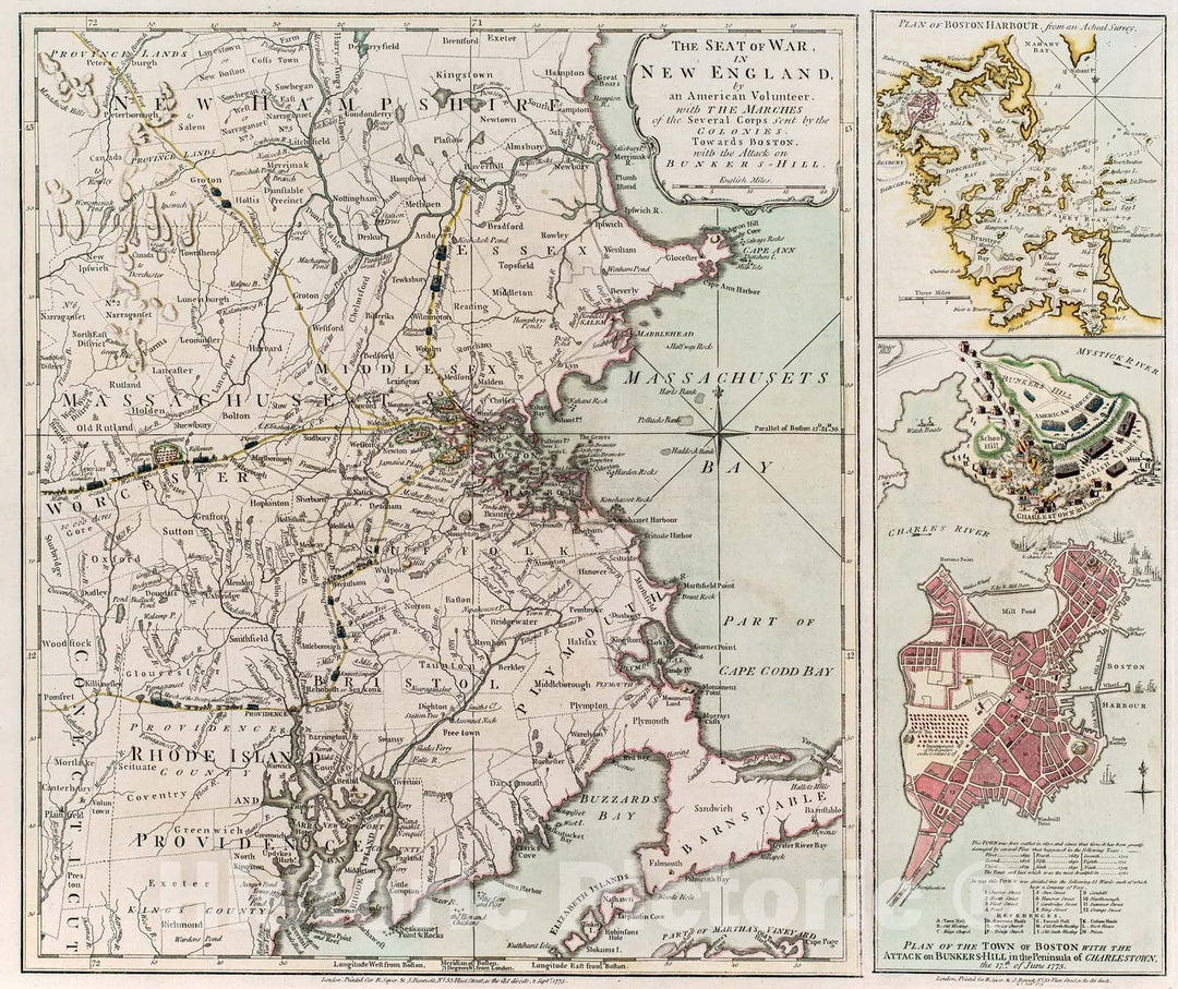 Historical Map, 1775 The seat of war, in New England, by an American Volunteer : with The marches of The Several Corps Sent by The Colonies, Towards Boston, Vintage Wall Art