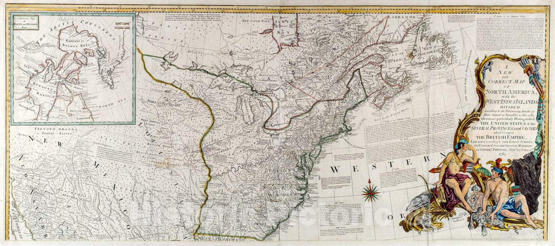 Historical Map, 1783 A new and correct map of North America, with the West India islands, divided according to the preliminary articles of peace, signed at Versailles, Jan. 1783, Vintage Wall Art