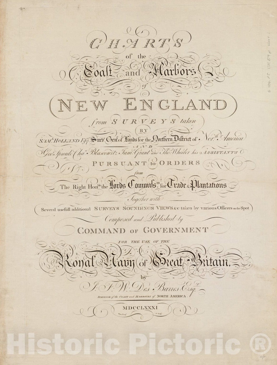 Historical Map, 1781 Charts of The Coast and Harbors of New England : [Title Page], Vintage Wall Art