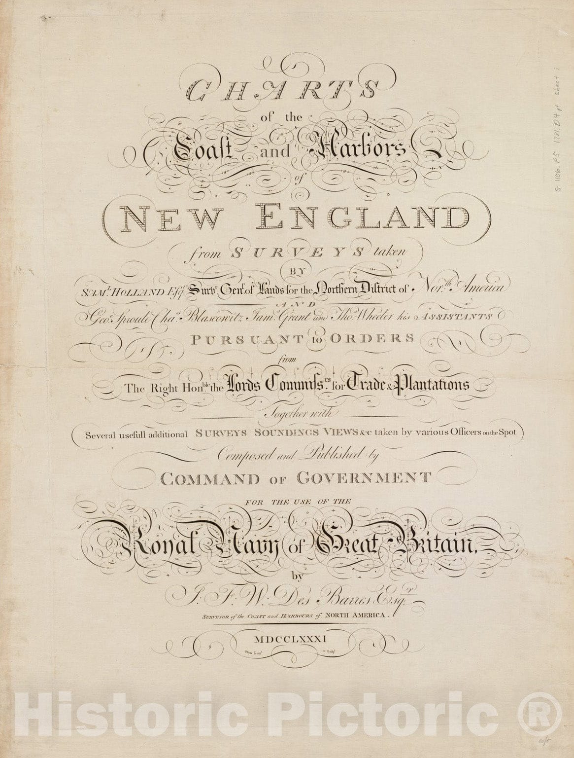 Historical Map, 1781 Charts of The Coast and Harbors of New England : [Title Page], Vintage Wall Art