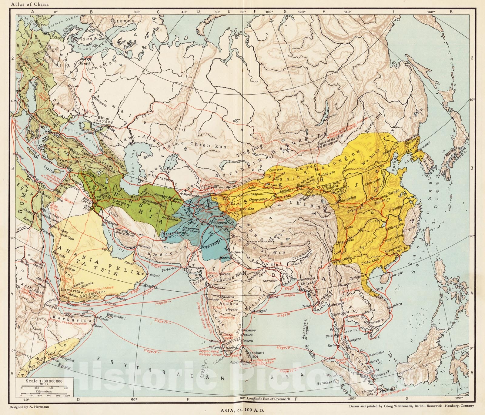 Historical Map, 1935 Asia, ca. 100 A.D, Vintage Wall Art