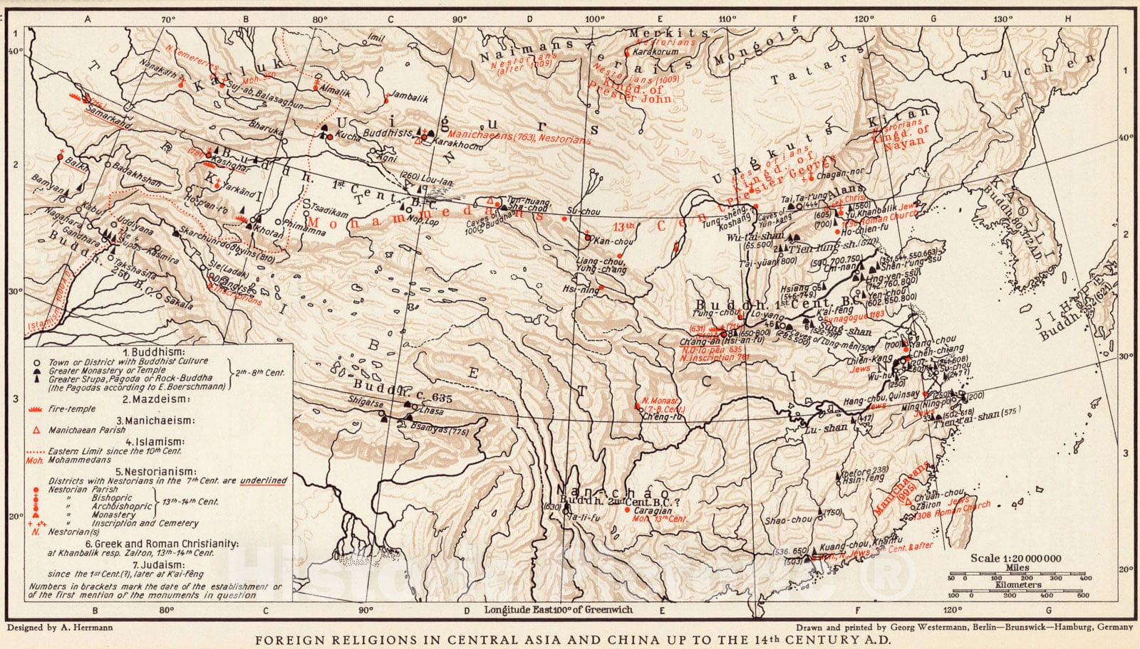 Historical Map, 1935 Foreign Religions in Central Asia and China up to The 14th Century A.D, Vintage Wall Art