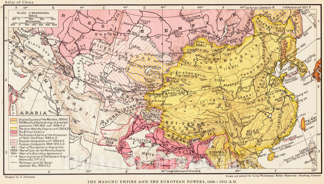 Historical Map, The Manchu Empire and The European Powers, 1644-1912, A.D, Vintage Wall Art