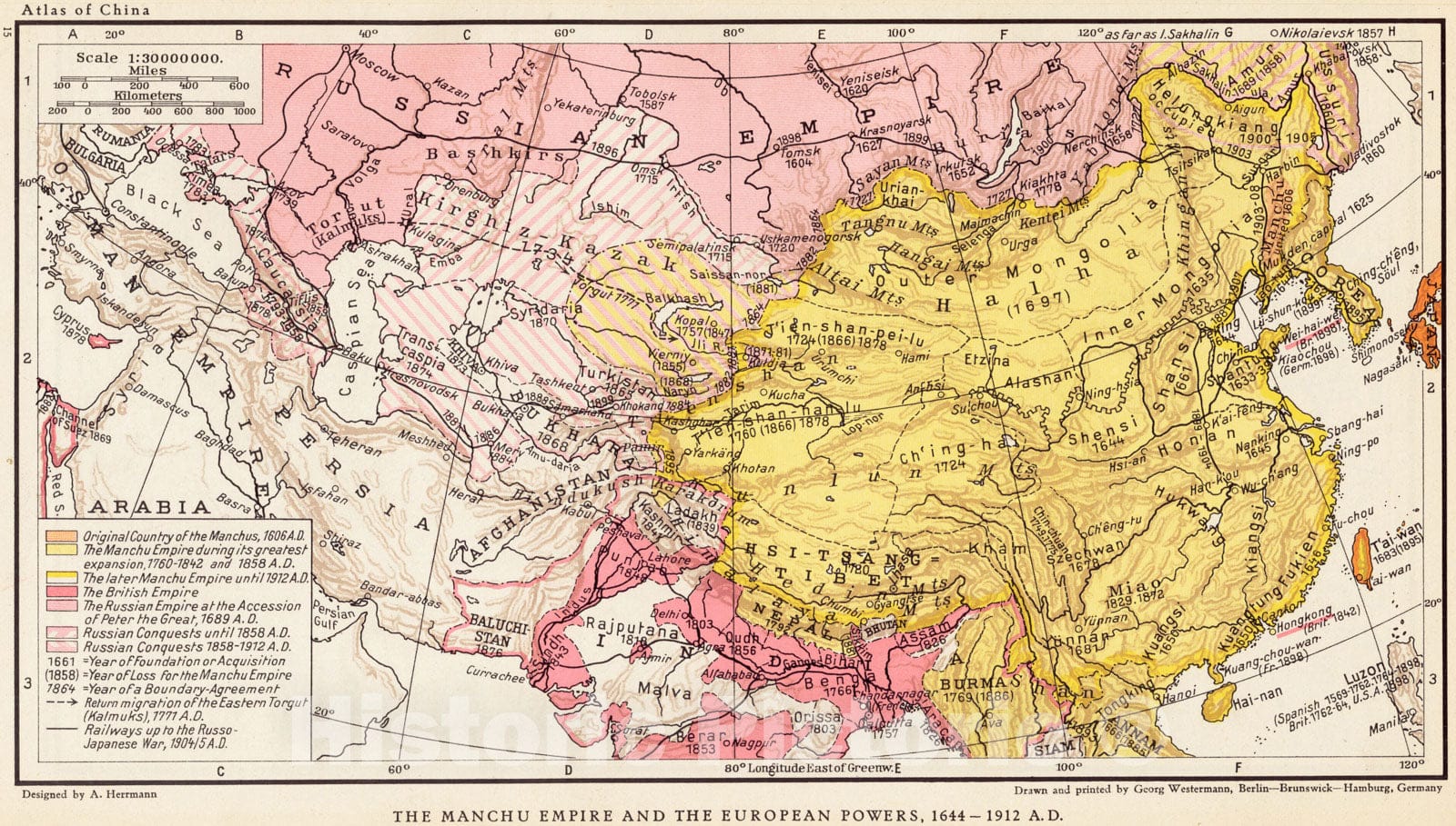 Historical Map, The Manchu Empire and The European Powers, 1644-1912, A.D, Vintage Wall Art