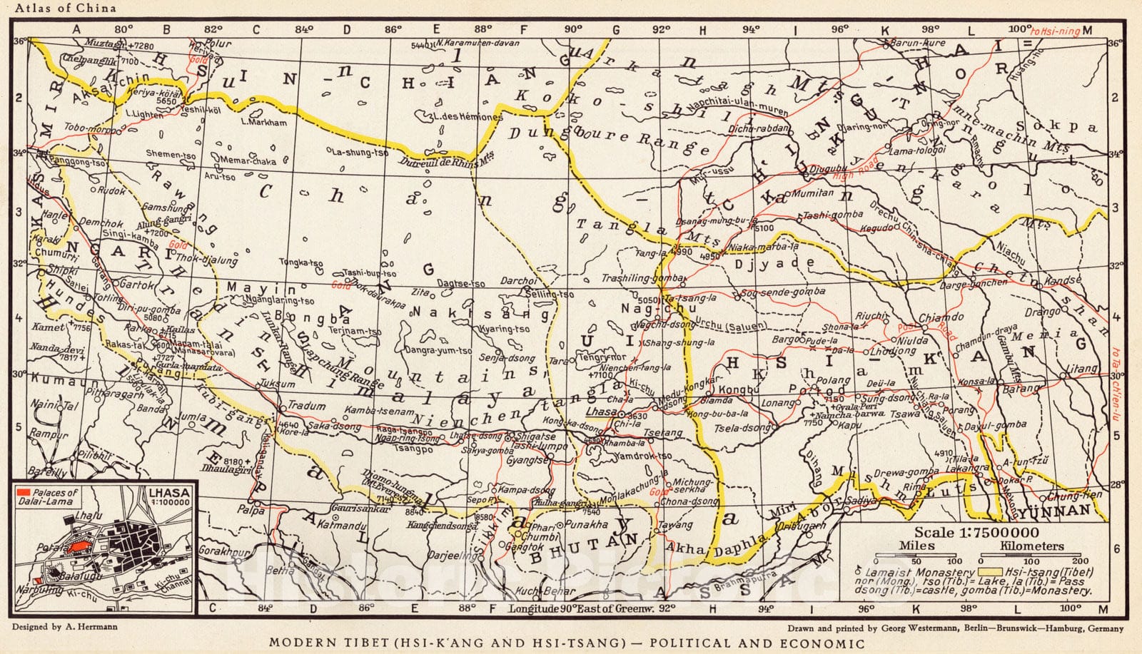 Historical Map, 1935 Modern Tibet (Hsi-K'Ang and Hsi-Tsang) - Political and Economic, Vintage Wall Art