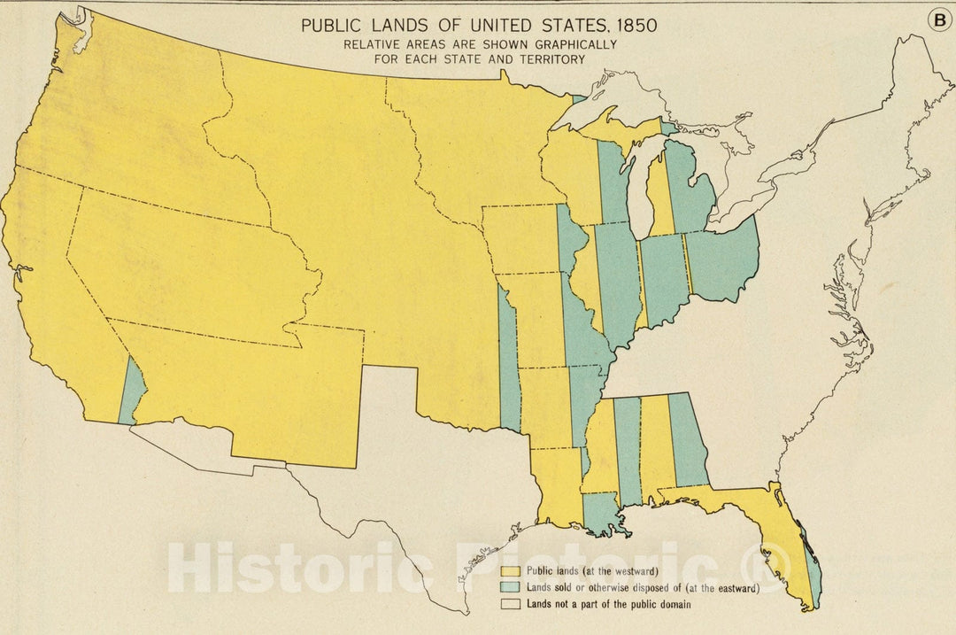 Historical Map, Public Lands of The United States, 1850, Vintage Wall Art