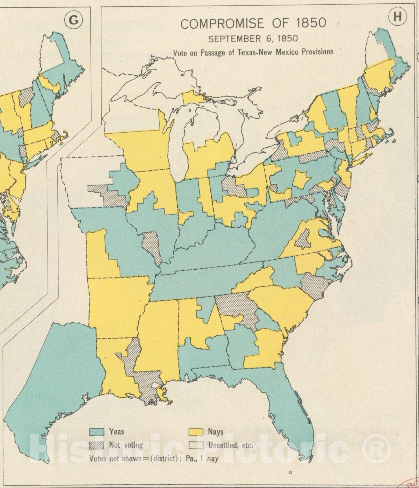 Historical Map, Compromise of 1850, September 6, 1850, Vote on Passage of Texas-New Mexico provisions, Vintage Wall Art