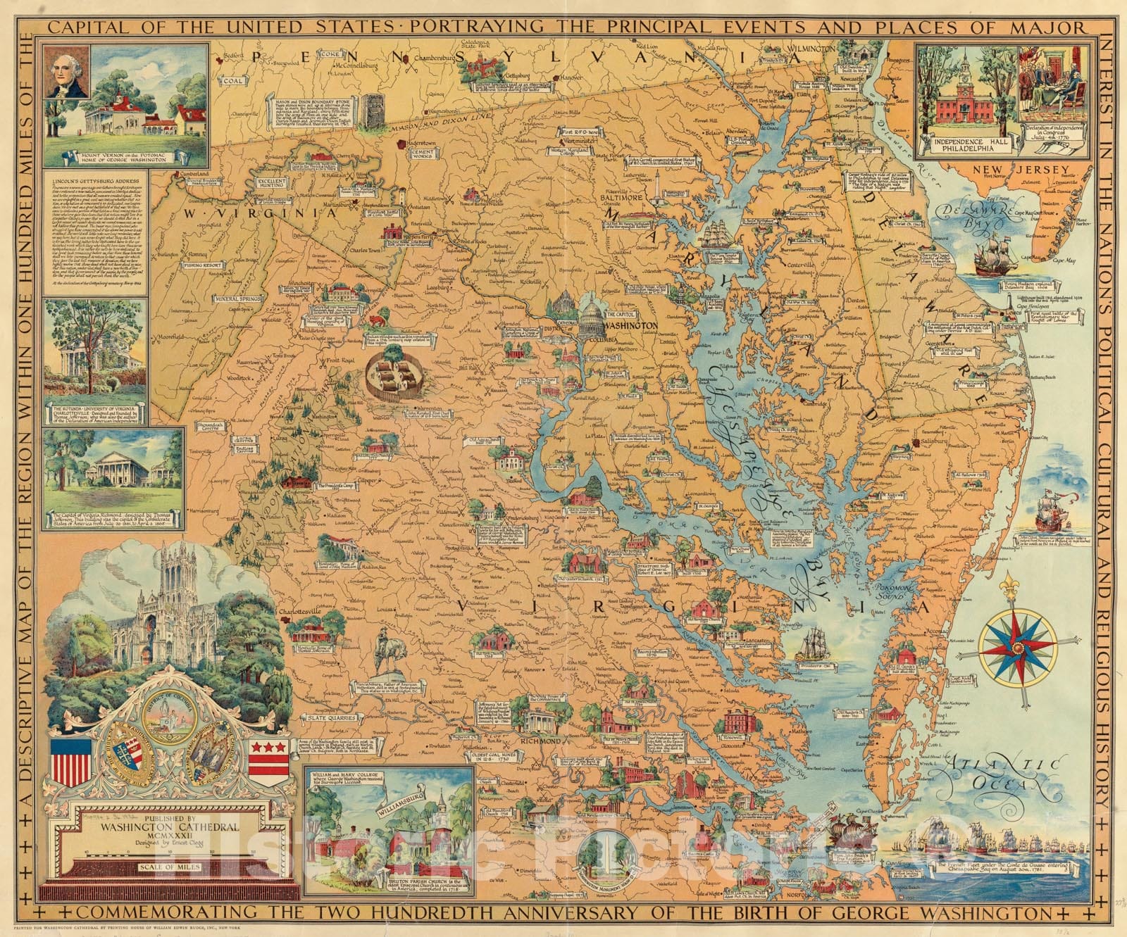 Historical Map, 1932 A descriptive map of The Region Within one Hundred Miles of The Capital of The United States : portraying The Principal Events and Places of Major, Vintage Wall Art