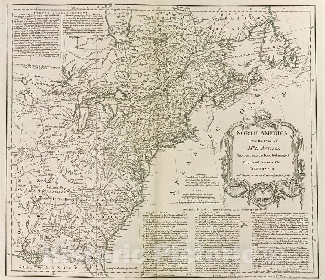 Historical Map, 1768 North America : from The French of Mr. d'Anville, Improved with The Back settlements of Virginia and Course of Ohio, Illustrated with Geographical, Vintage Wall Art