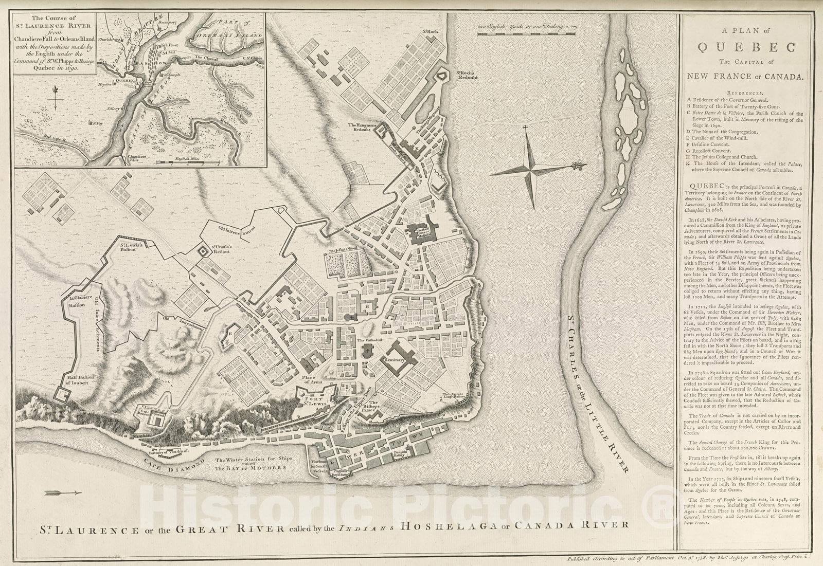 Historical Map, 1768 A Plan of Quebec The Capital of New France or Canada, Vintage Wall Art