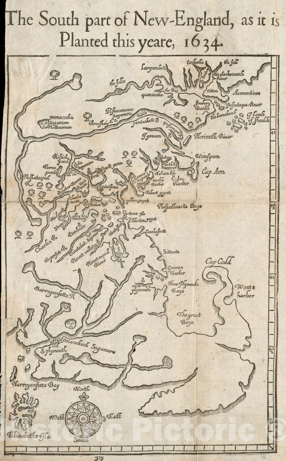 Historical Map, The South Part of New England as it Planted This yeare, 1634, Vintage Wall Art