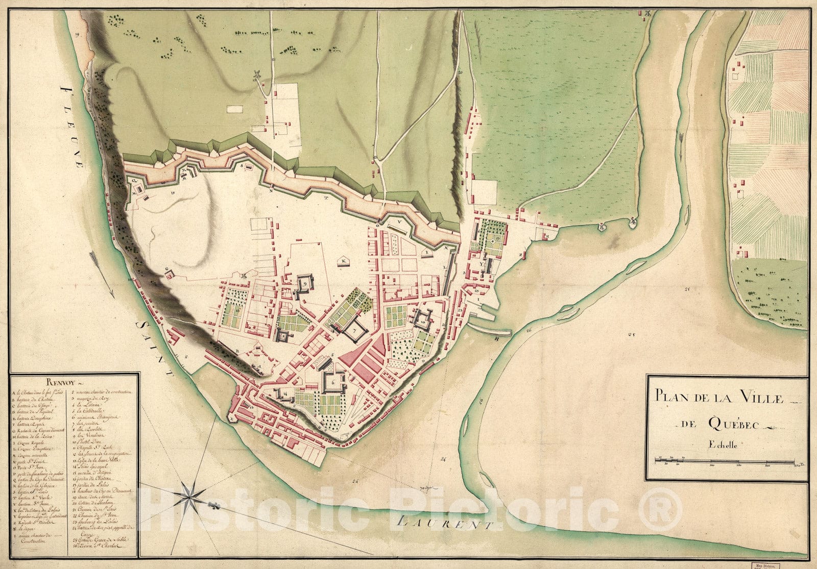 Historical Map, 1750 Plan de la Ville de Quebec, Vintage Wall Art