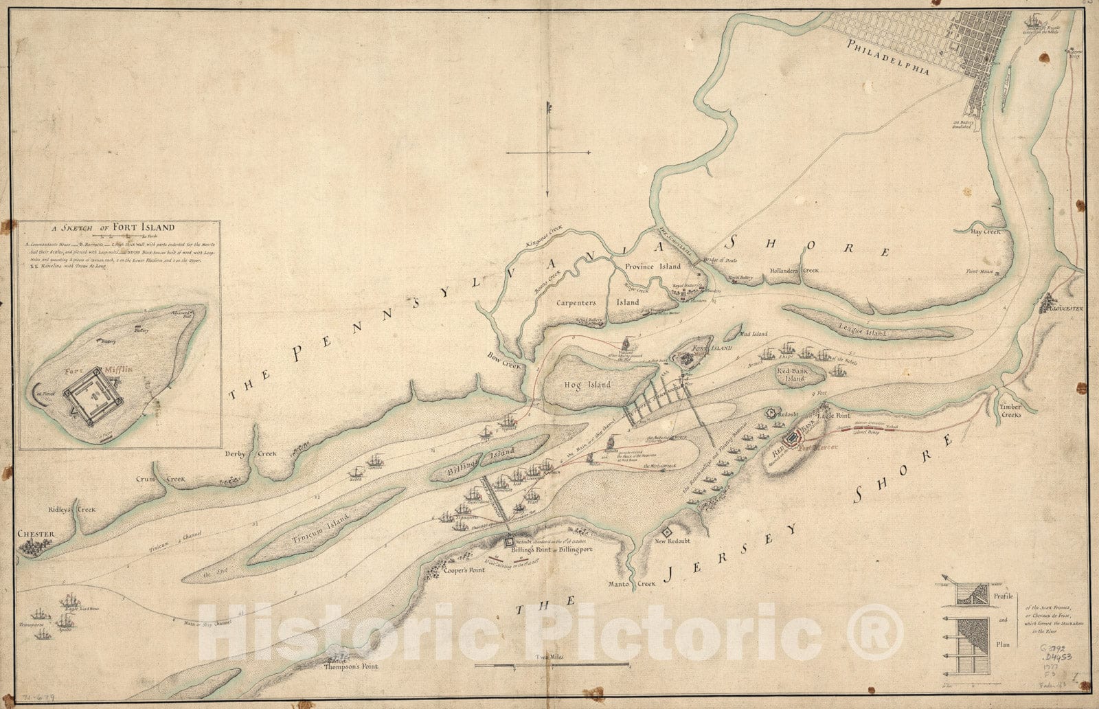 Historical Map, 1777 The Course of Delaware River from Philadelphia to Chester, exhibiting The Several Works erected by The Rebels to Defend its Passage, Vintage Wall Art