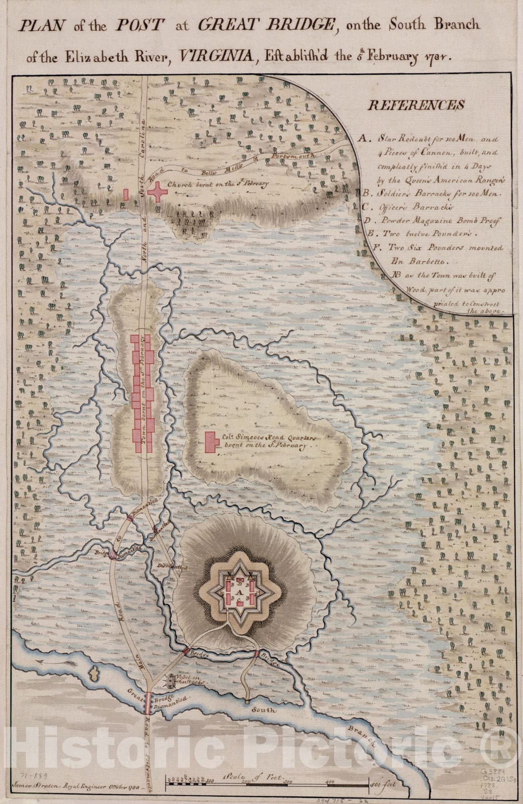 Historical Map, Plan of The Post at Great Bridge, on The South Branch of The Elizabeth River, Virginia : establish'd The 5th February 1781, Vintage Wall Art