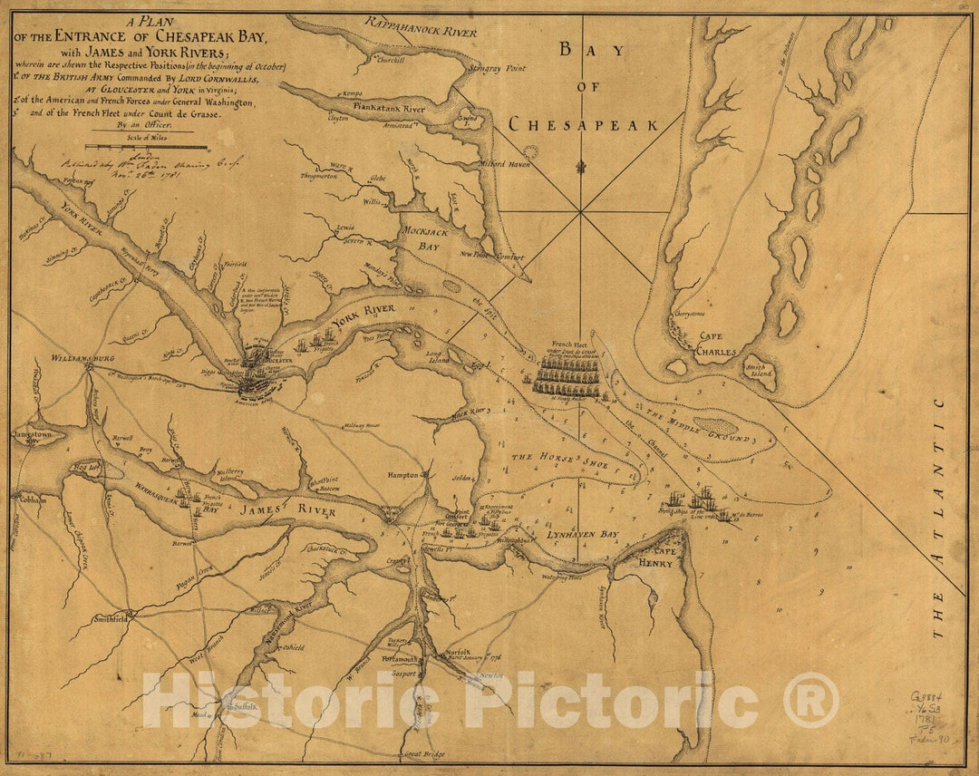 Historical Map, 1781 A Plan of The Entrance of Chesapeak Bay, with James and York Rivers : wherein are Shewn The respective Positions (in The Beginning of October), Vintage Wall Art