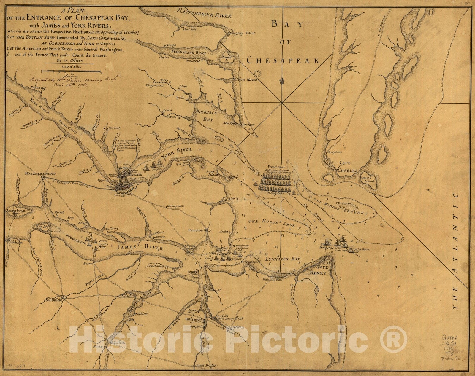 Historical Map, 1781 A Plan of The Entrance of Chesapeak Bay, with James and York Rivers : wherein are Shewn The respective Positions (in The Beginning of October), Vintage Wall Art