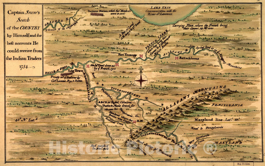 Historical Map, 1754 Captain Snow's scetch of The Country by Himself, and The Best Accounts he Could Receive from The Indian Traders, Vintage Wall Art