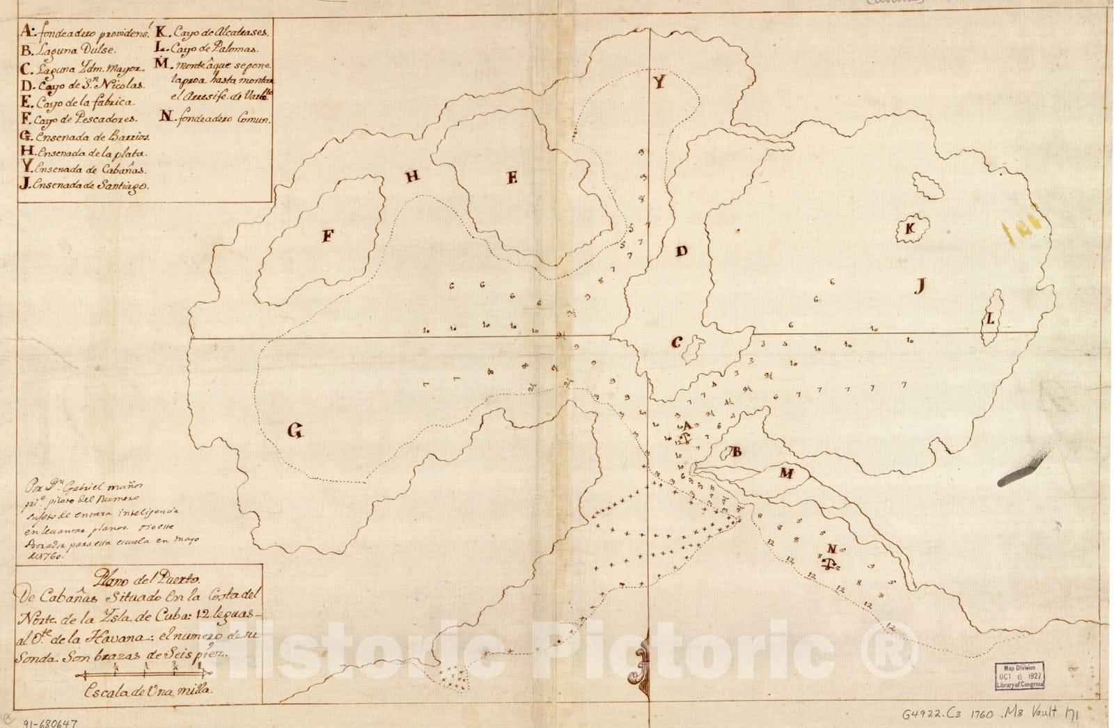 Historical Map, 1760 Plano del Puerto de CabanIÆ’as situado en la Costa del Norte de la ysla de Cuba, 12 leguas al ote. de la Havana, Vintage Wall Art