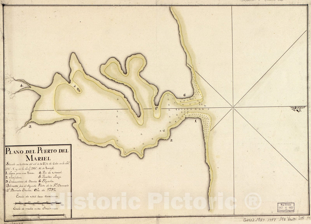 Historical Map, Plano del Puerto del Mariel situado en la Costa del N. de la ysla de Cuba en la latd. 23aÂ°5EÂ¹ y en la longd. 293aÂ°16EÂ¹ de Tenerife, Vintage Wall Art