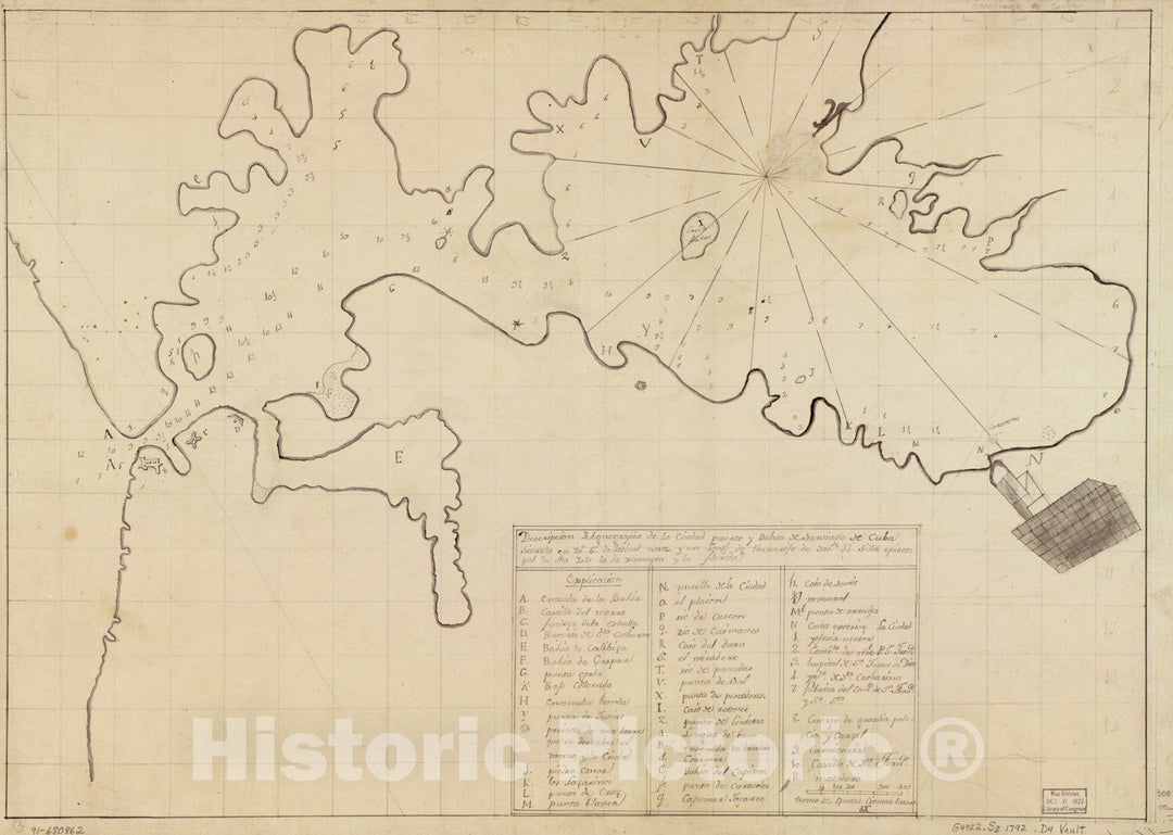 Historical Map, 1792 DescripcioIn ychonograIfica de la Ciudad, Puerto y bahiIa de Santiago de Cuba situado en 20aÂ°6EÂ¹ de latitud Norte y en longd. de Thenerife de 300a, Vintage Wall Art