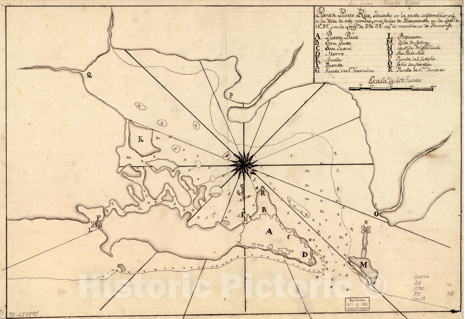 Historical Map, Plano de Puerto Rico, situado en la Parte septemtrional de la ysla de este nombre, UNA de las de Barlovento en la lattd. de 18aÂ°35EÂ¹ y en la longd, Vintage Wall Art