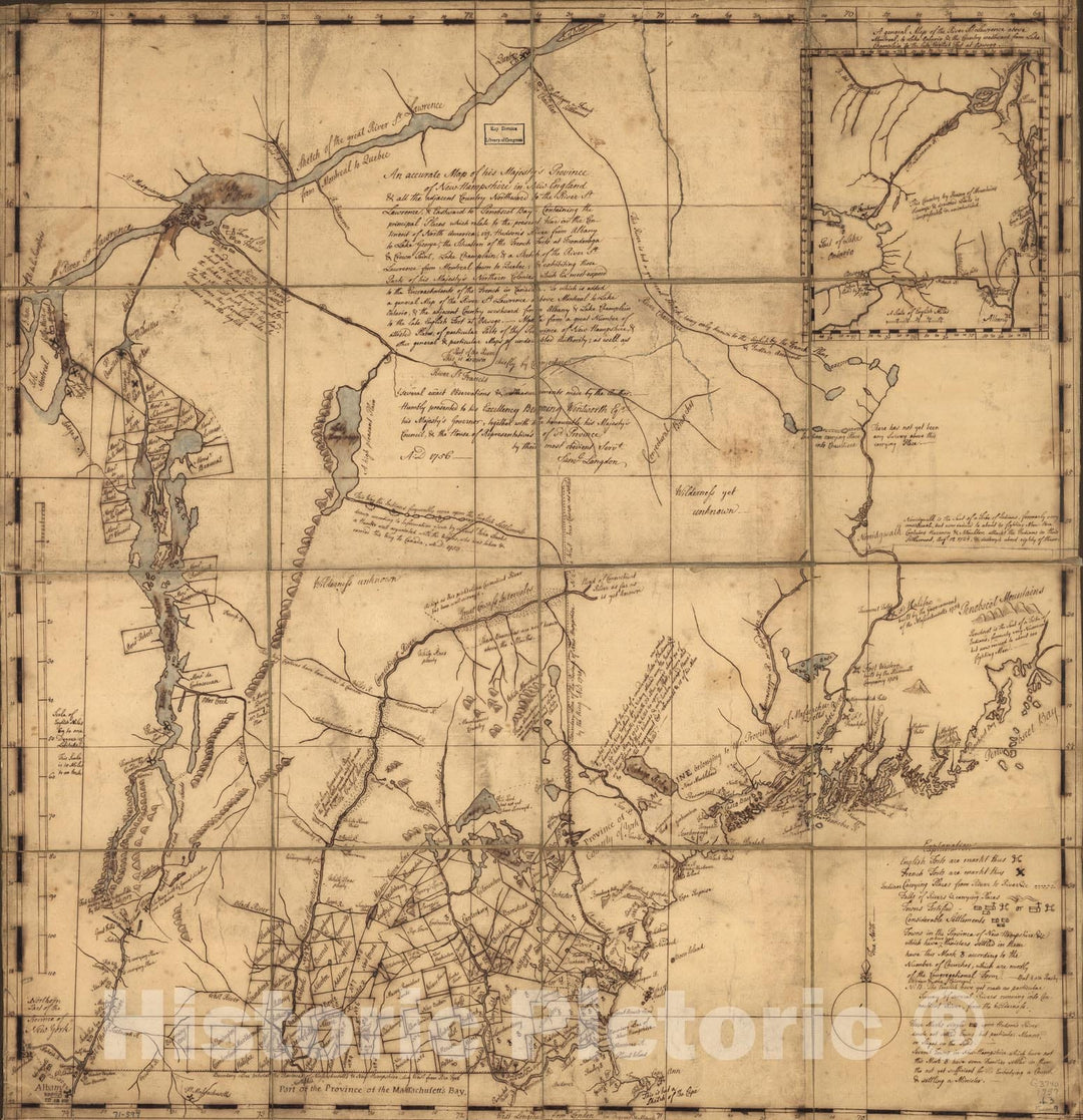 Historical Map, 1757 An accurate map of His Majesty's Province of New-Hampshire in New England & all the adjacent country northward to the River St. Lawrence, Vintage Wall Art