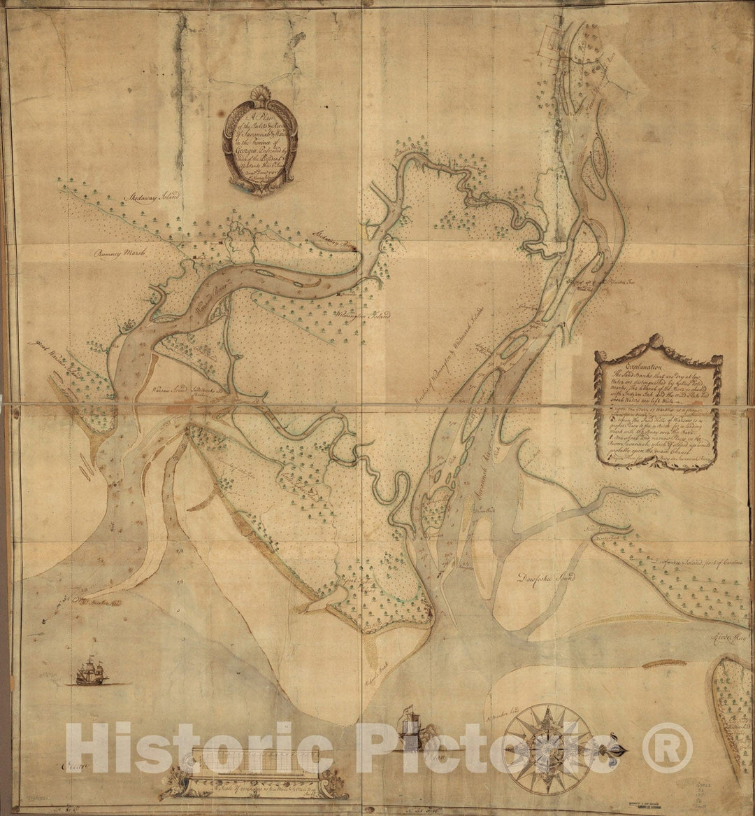 Historical Map, 1751 A Plan of The inlets & Rivers of Savannah & Warsaw in The Province of Georgia, Vintage Wall Art