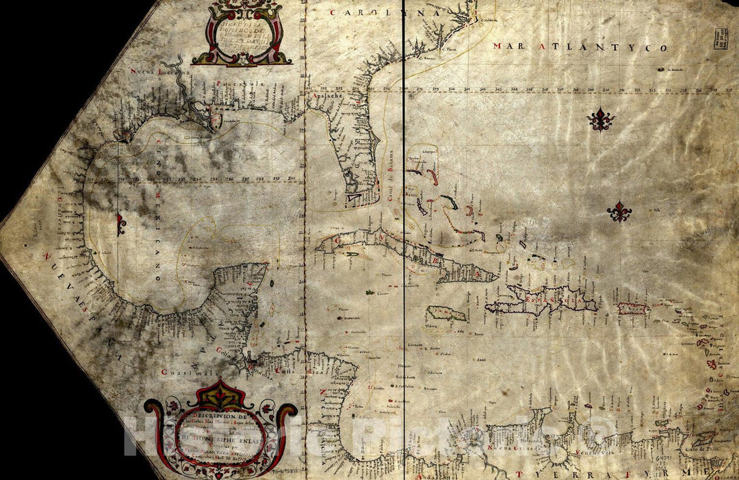 Historical Map, 1765 Descripcion de las Costas, Islas placeres, i bajos delas, Indias Occidentales, Vintage Wall Art