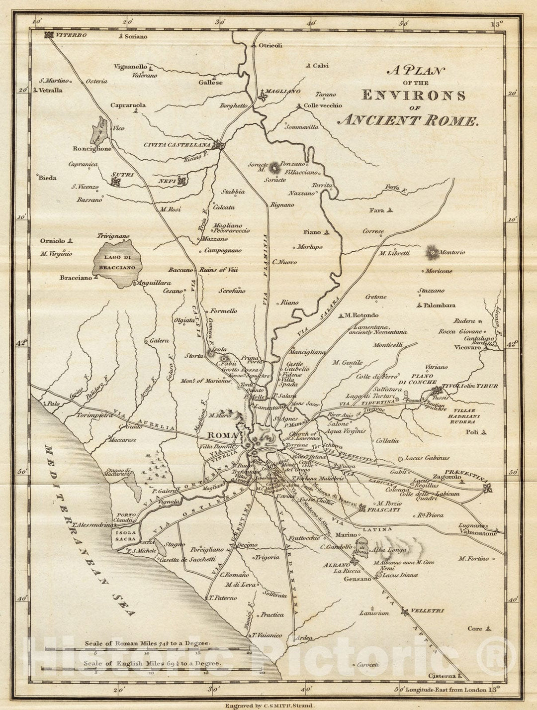 Historical Map, 1821 A Plan of The Environs of Ancient Rome, Vintage Wall Art