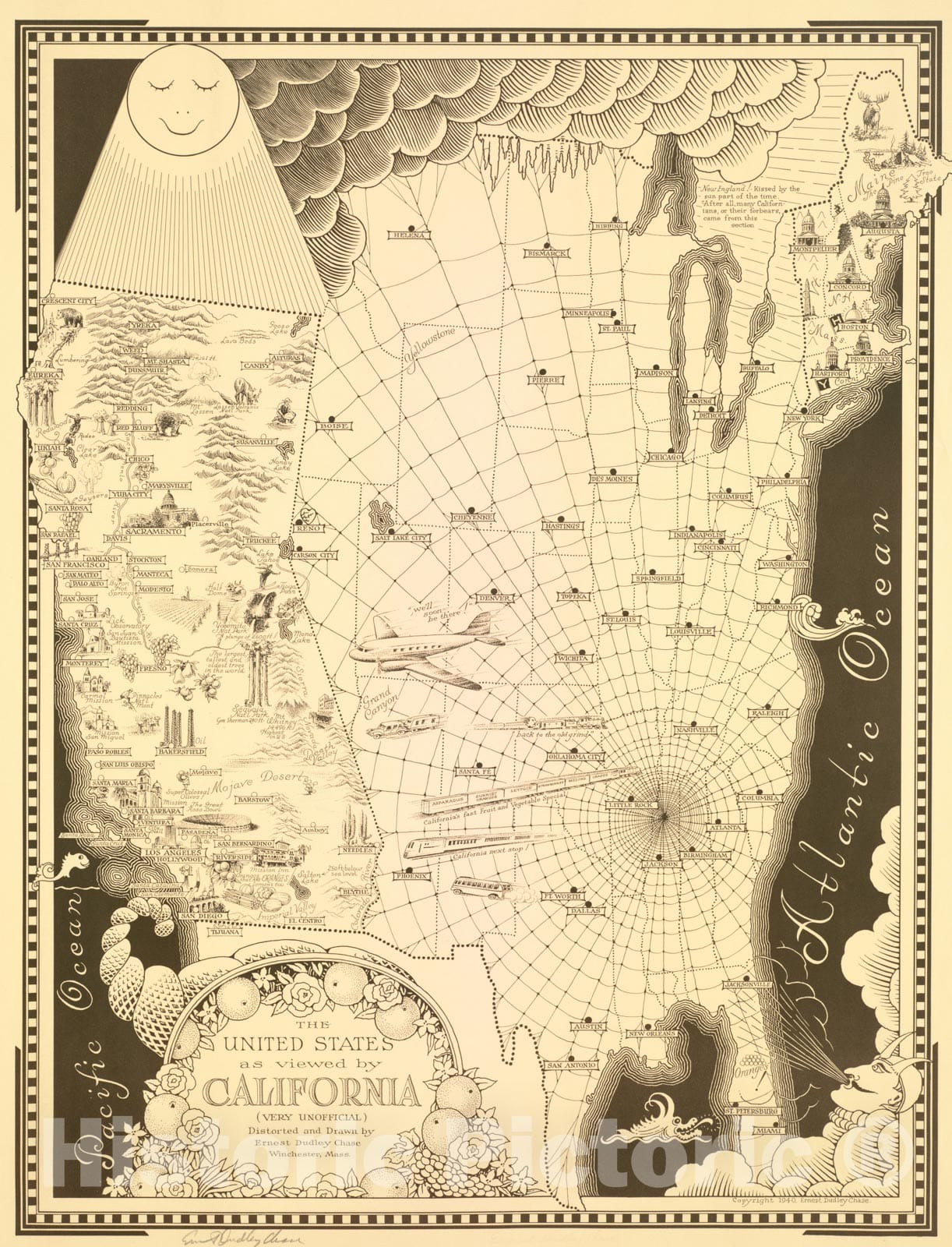 Historical Map, 1940 The United States as viewed by California (Very Unofficial), Vintage Wall Art