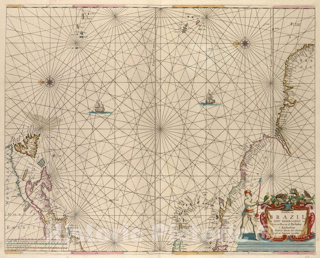 Historical Map, 1660 Pascaerte Van Brazil en Nieu Nederlandt, Van Corvo en Flores tot de Barbados, Vintage Wall Art